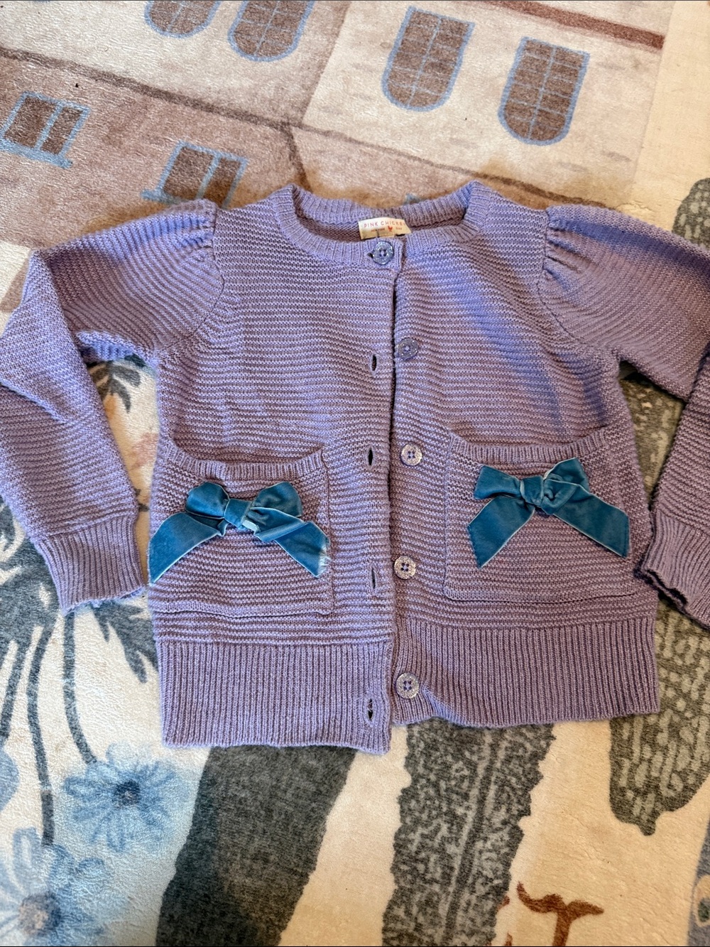 Pink Chicken Lavender Knit Cardigan with Teal Bow Pockets